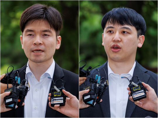 김은식 세브란스 병원 전공의 대표(왼쪽)와 한성존 아산병원 전공의 대표가 9일 오전 참고인 조사를 받기 위해 서울 마포구 서울경찰청 공공범죄수사대 도착해 취재진 질문에 답하고 있다. 연합뉴스