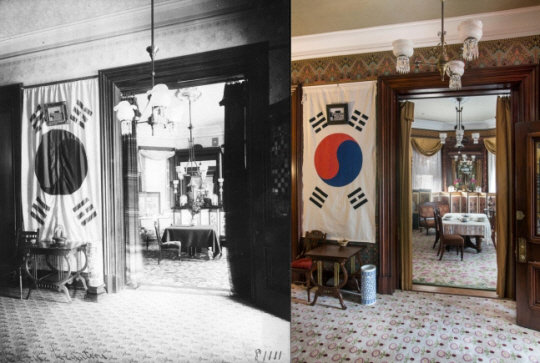 주미대한제국공사관 1층 식당 입구. 왼쪽은 1893년 모습, 오른쪽은 2018년 보수 공사 후. 국가유산청 제공