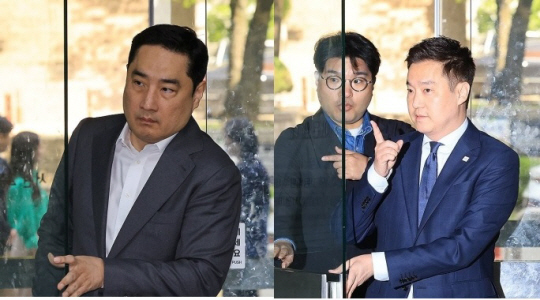 4월 23일 2심 선고 공판 출석하는 강용석(왼쪽) 변호사와 김세의 전 MBC 기자. 연합뉴스 자료사진