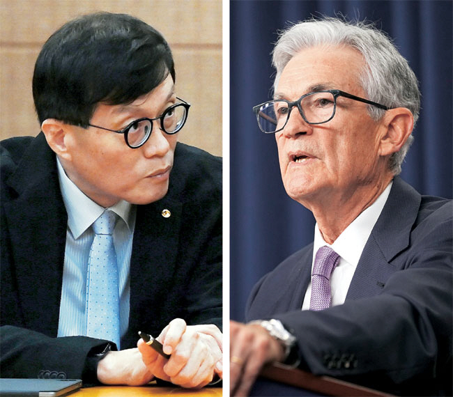 미 연방준비제도(Fed)가 19일 금리를 0.50%포인트 인하하면서 전 세계 중앙은행들이 줄줄이 금리 인하에 나서고 있다. 금리 인하 발표 후 기자회견을 하고 있는 제롬 파월(오른쪽 사진) Fed 의장과 이날 오전 서울 서초구 서울지방조달청 회의실에서 열린 거시경제금융회의에 참석한 이창용(왼쪽) 한국은행 총재의 모습. 윤성호 기자, AP 연합뉴스