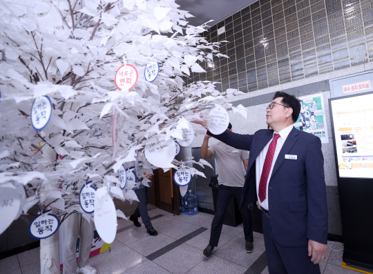 박일하 서울 동작구청장이 지난해 청년의 날 행사에서 ‘소원나무’를 보고 있다. 동작구청 제공