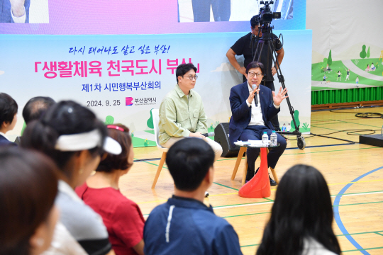 박형준 부산시장이 25일 오후 부산시체육회관에서 시민에게 생활체육 천국 도시 부산 실현을 위한 정책을 설명하고 있다. 부산시청 제공