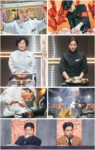 위부터 순서대로 정지선 셰프, 트리플스타, 극과 극 요리 구성을 보인 백 요리사 이영숙 셰프와 흑 요리사 장사천재 조사장, 최강록 셰프, 철가방 요리사, 그리고 백종원·안성재 심사위원. 넷플릭스 제공