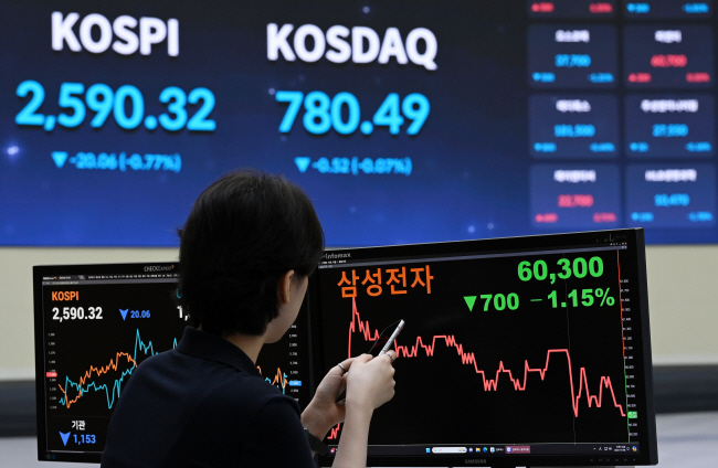 삼성전자의 3분기 영업이익이 9조 원대에 그친 영향으로 8일 코스피가 전일 대비 17.73포인트(0.68%) 하락한 2592.65에 개장한 가운데 서울 영등포구 여의도 한국거래소에서 직원이 모니터를 응시하고 있다. 윤성호 기자