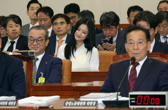 중대재해 관련 증인으로 출석한 정인섭 한화오션 거제사업장 사장이 15일 오후 서울 여의도 국회 환경노동위원회에서 열린 경제사회노동위원회 등에 대한 국정감사에서 ‘직장 내 따돌림’을 증언하러 나온 ‘뉴진스’의 하니와 셀카를 찍고 있다. 뉴시스