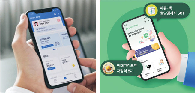 건강검진 플랫폼 빅케어의 구독형 건강관리 서비스 ‘헤일로’(왼쪽 사진)는 개인 건강검진 결과를 기반으로 심혈관 건강·스트레스 등 상태를 스마트폰으로 실시간으로 확인해 관리할 수 있다. 룰루메딕 ‘룰루 혈당멤버십’(오른쪽)은 앱을 통해 간편하게 혈당 관리를 하고 건강한 생활 습관을 기를 수 있도록 돕는다. 각 사 제공