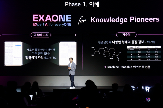 배경훈 LG AI연구원장이 지난해 7월 서울 강서구 LG사이언스파크에서 열린 ‘LG 인공지능(AI) 토크 콘서트’에서 신소재·신물질·신약 관련 탐색 AI ‘엑사원 디스커버리’를 설명하고 있다. LG 제공