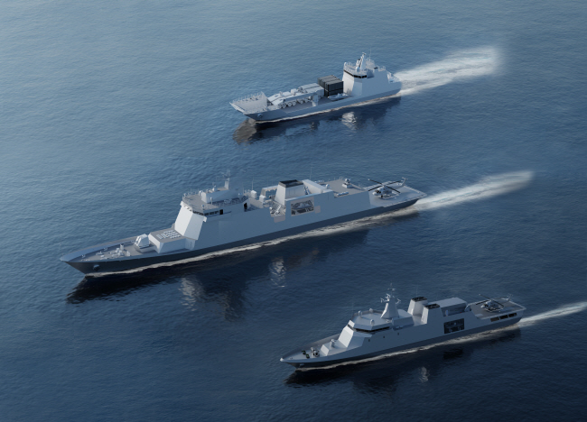 HD현대중공업이 페루로부터 수주한 3400t급 호위함과 1500t급 상륙함의 조감도.HD현대 제공