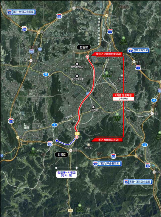 대전 유등천 우안 사정교~한밭대교 도로개설 사업 위치도