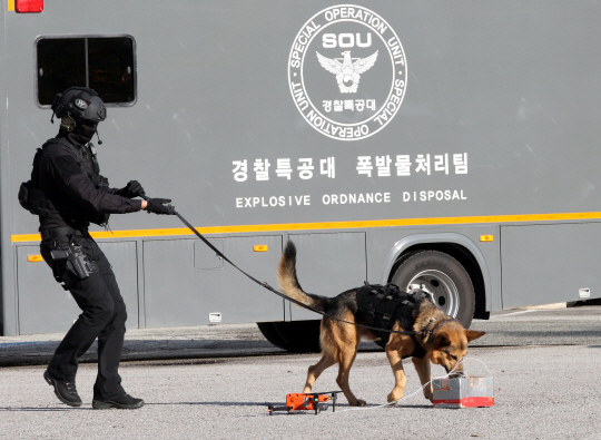 지난달 23일 세종시 어진동 세종경찰청 기동단에서 열린 2024년 대테러 종합훈련에서 경찰특공대 탐지견이 폭발물 여부를 탐지하고 있다. (사진은 기사 내용과 직접적인 관계가 없음) 사진=뉴시스