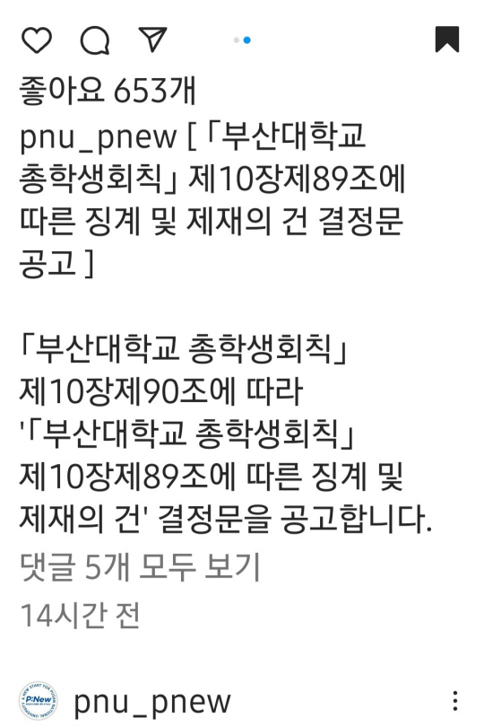 부산대 총학생회 SNS에 올라온 총학생회장 징계 공고.