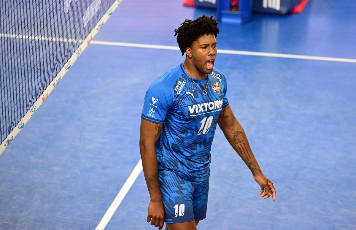 (서울=연합뉴스) 한국전력 엘리안이 6일 천안 유관순체육관에서 열린 프로배구 남자부 현대캐피탈과의 경기에서 득점한 뒤 기뻐하고 있다. [한국배구연맹 제공. 재판매 및 DB금지]