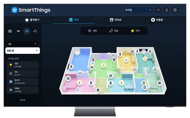 ‘네오 QLED 8K’ TV에서 집 안 곳곳의 가전 상태를 3차원 맵으로 펼쳐 보여주는 스마트싱스의 ‘3D 맵 뷰’ 기능이 작동된 모습. 삼성전자 제공