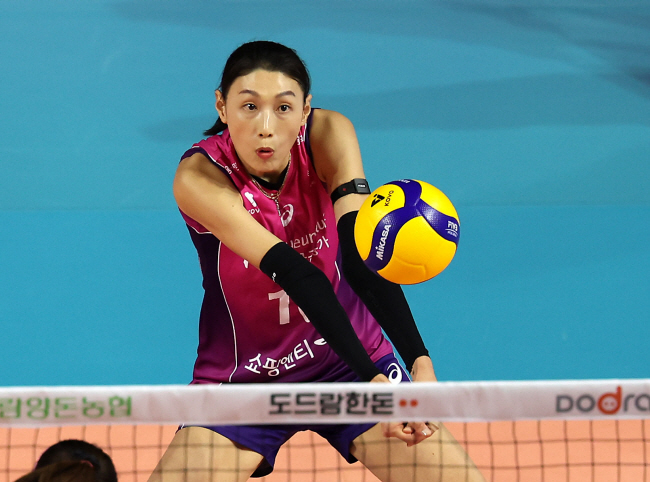흥국생명의 김연경이 12일 인천삼산체육관에서 열린 정관장과 도드람 2024∼2025 V리그 여자부 1라운드에서 리시브를 하고 있다. 뉴시스