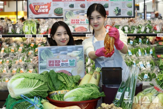15일 서울 용산구 이마트 용산점에서 모델들이 김장대전 홍보를 하고 있다. 오는 21일까지 열리는 이번 김장대전에선 국내산 배추 1망(3포기)을 행사가 4488원에 판매한다. 뉴시스