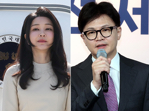 윤석열 대통령 부인 김건희(왼쪽) 여사와 한동훈 국민의힘 당 대표. 뉴시스