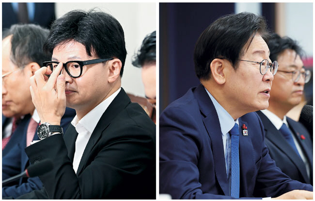 한동훈(왼쪽 사진) 국민의힘 대표가 2일 오전 국회에서 열린 최고위원회의에서 안경을 만지고 있다. 오른쪽 사진은 이재명 더불어민주당 대표가 이날 오전 민주당 대구시당에서 현장 최고위원회의를 주재하는 모습.  박윤슬 기자, 연합뉴스