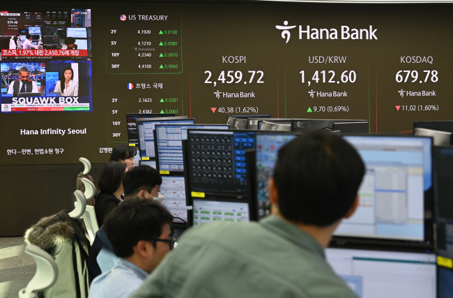 비상계엄 선포 여파로 개장이 불투명했던 주식시장이 정상 개장한 가운데 4일 오전 서울 중구 하나은행 딜링룸에서 딜러들이 급락한 주가와 환율이 표시된 전광판 앞에서 업무를 보고 있다. 윤성호 기자