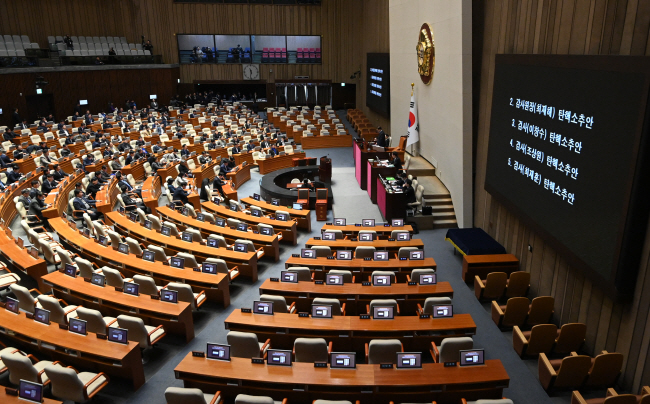 5일 오전 열린 국회 본회의에 최재해 감사원장과 이창수 서울중앙지검장 등 검사 3명에 대한 탄핵소추안이 상정되고 있다. 연합뉴스