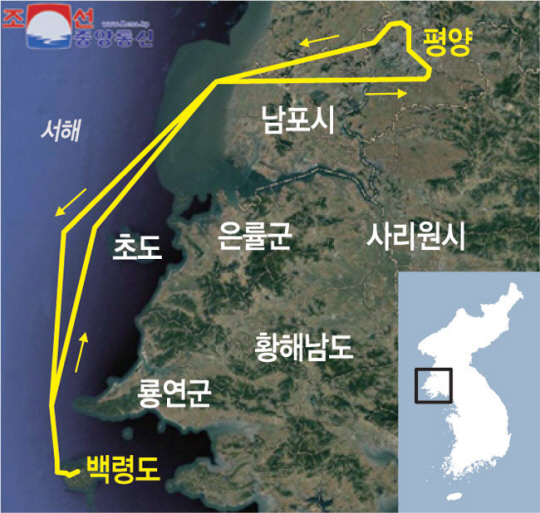 북한 국방성이 지난 9일 평양 상공을 비행한 무인기를 분해, 비행 기록을 분석한 결과 남측의 서해 백령도에서 이륙한 사실이 확인됐다고 조선중앙통신이 28일 보도했다. 사진은 북한이 공개한 무인기 비행 경로. 연합뉴스