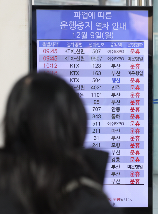전국철도노조 총파업 닷새째였던 9일 서울역에서 한 이용객이 파업 사태로 변경된 열차 운행 안내문을 보고 있다. 연합뉴스