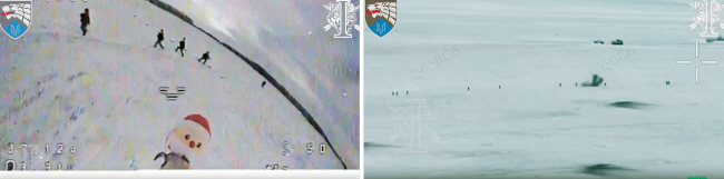 17일 공개된 동영상에서 북한군으로 추정되는 병사들이 러시아 쿠르스크 지역의 눈밭에서 우크라이나군 제8특수작전연대 소속 공격용 드론이 날아오자 황급히 도피하고 있다. 오른쪽은 드론의 공격으로 폭사당하는 북한군 모습.  키이우포스트 캡처