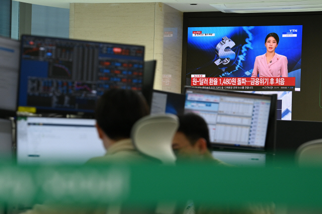 코스피 주가가 전일 대비 0.42% 내린 2419.46으로 개장한 27일 오전 서울 중구 하나은행 딜링룸에서 원·달러 환율 1480원 돌파를 알리는 TV 뉴스가 송출되고 있다.  문호남 기자