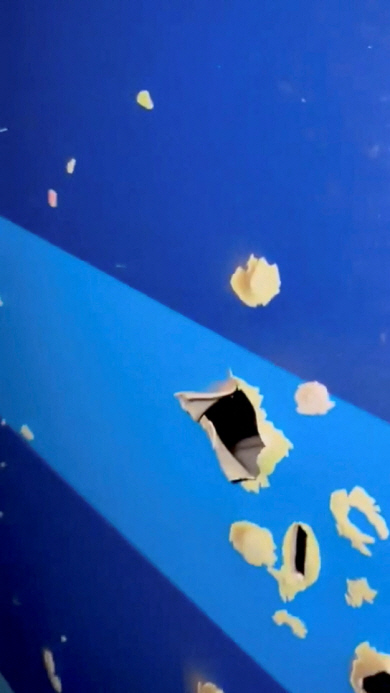 파편을 맞은 것처럼 구멍이 뚫린 여객기 꼬리날개의 모습. 로이터 연합뉴스