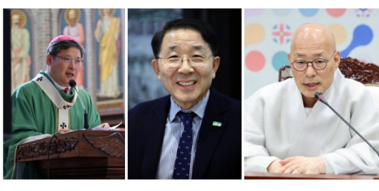 정순택 대주교(왼쪽부터), 김종생 NCCK 총무, 조계종 총무원장 진우스님.