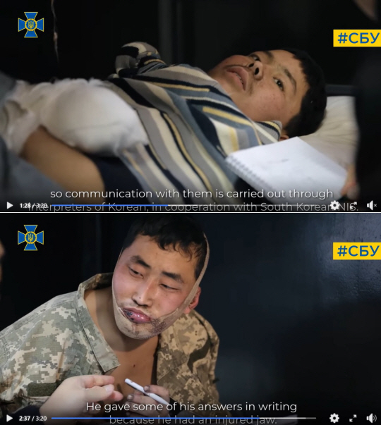 우크라이나 보안국(SBU)은 생포된 북한군 2명의 모습을 담은 영상을 11일(현지시간) 페이스북, 텔레그램 등을 통해 공개했다. 우크라이나 보안국 페이스북 캡처. 뉴시스