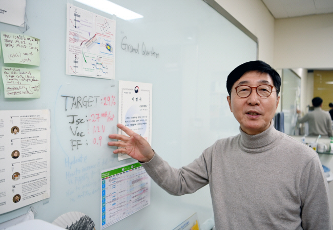 박남규 교수가 자신의 연구실에서 화이트보드에 메모해 둔 ‘페로브스카이트 태양전지’의 목표 효율 등에 대해 설명하고 있다. 윤성호 기자