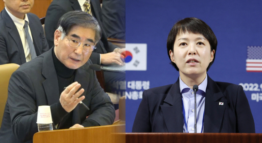 김용현 전 국방부장관이 23일 서울 종로구 헌법재판소에서 열린 대통령 탄핵심판 4차 변론기일에 증인으로 출석해 질문에 답변하고 있다(왼쪽 사진). 오른쪽은 당시 대통령실 홍보수석인 김은혜 전 대통령이 지난 2022년 미국 뉴욕 쉐라톤 뉴욕 타임스퀘어호텔 내 프레스센터에서 바이든 대통령에 대한 욕설 파문에 대해 해명을 하는 사진. 헌법재판소 제공·연합뉴스