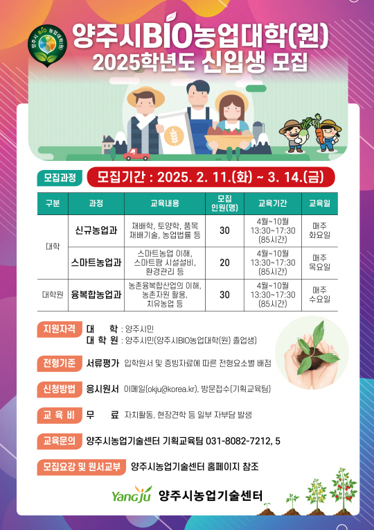 양주시가 오는 3월 14일까지 ‘2025년 양주시 바이오(BIO) 농업대학 제20기 및 대학원 제15기 신입생’을 모집한다. 양주시 제공