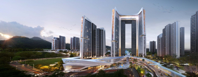 포스코이앤씨의 ‘더샵 마스터뷰’ 전경 예상도. 단지 내 단차를 완만한 경사로로 구현한 특화 설계가 돋보인다. 포스코이앤씨 제공