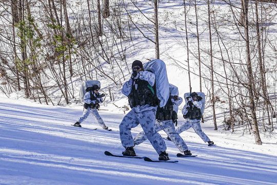 해병대 수색대대 장병들이 강원 평창 산악종합훈련장과 황병산 일대에서 팀단위 대형을 유지한 채 노르딕 스키를 활용해 은밀하고 신속하게 기동하고 있다.해병대 제공