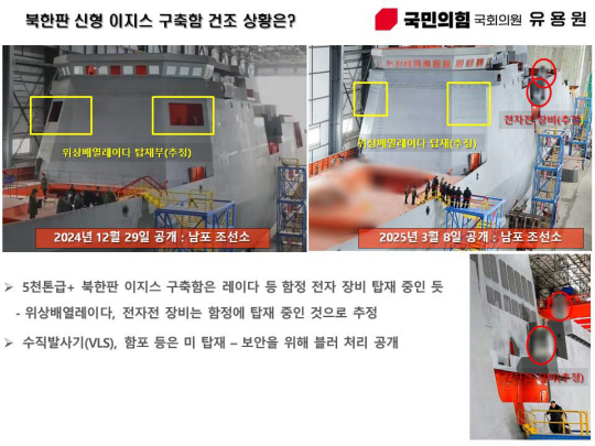 북한 남포조선소에서 건조 중인 북한판 이지스함 신형 함정에 위상배열레이더 탑재부 등이 식별된다. 유용원 의원실 제공