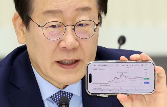 이재명 더불어민주당 대표가 28일 서울 여의도 KRX 한국거래소에서 열린 대한민국 주식시장 활성화 TF 현장간담회에서 삼부토건 주식그래프를 들어 보이며 발언하고 있다. 뉴시스