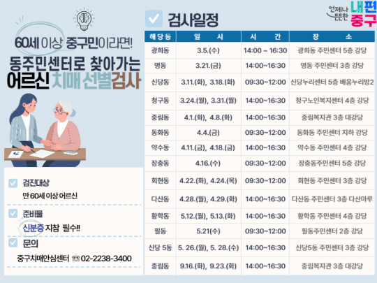 찾아가는 어르신 치매 선별검사 일정.중구청 제공