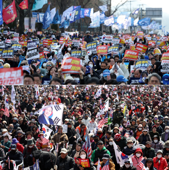 지난 8일 서울 종로구 일대에서 탄핵 찬·반 집회가 각각 열리고 있다. 뉴시스