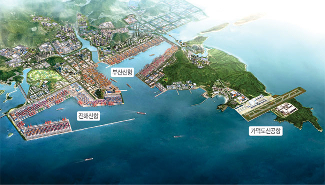부산신항을 중심으로 확장 컨테이너항인 진해신항이 오는 7월 착공된다. 사진은 동북아 스마트 물류 플랫폼 조감도. 경남도청 제공