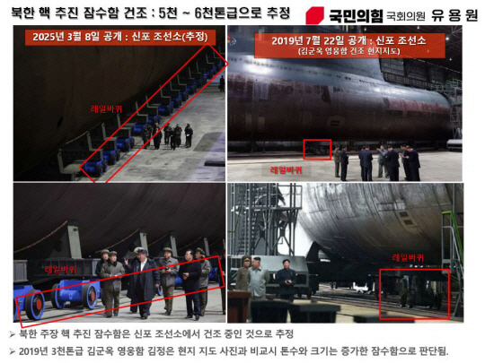 국민의 힘 유용원 의원은 북한이 8일 핵동력전략유도탄잠수함이라고 발표한 핵추진잠수함 추정 잠수함은 함경남도 신포조선소에서 건조 중이며 5000∼6000t급으로 추정했다.한국국방연구원(KIDA) 유지훈 수석연구위원은 이 핵잠은 배수량 6000-7000t급 전략핵잠(SSBN)으로 추정되며 핵탄두 탑재 10여발 탄도미사일 투하가 가능한 것으로 추정했다. 유용원 의원실 제공