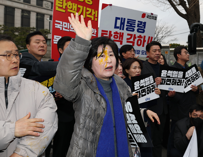 백혜련 더불어민주당 의원이 20일 오전 서울 종로구 헌법재판소 앞에서 윤석열 신속파면 촉구 기자회견 도중 윤 대통령 지지자가 던진 계란에 얼굴을 맞아 항의하고 있다. 백동현 기자