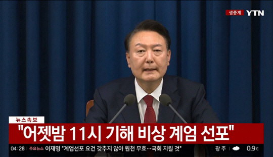 윤석열 대통령이 지난 12월 4일 새벽 서울 용산 대통령실에서 국회 계엄해제령 관련해 담화문을 발표하는 모습. YTN 생중계 캡처