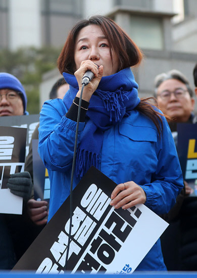 이재정 더불어민주당 의원이 20일 오후 서울 종로구 헌법재판소 앞에서 ‘윤석열 대통령 신속파면 촉구 기자회견’을 열고 발언하고 있다. 뉴시스