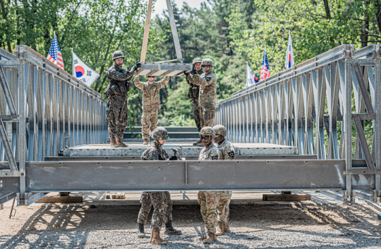 육군 5공병여단은 2025년 ‘자유의 방패/타이거 (FS/TIGER)’ 훈련 일환으로 15일부터 6일간 경기도 연천 임진강 일대에서 ‘한미연합 제병협동 도하훈련’을 실시했다. 사진은 2022년 8월 26일 경북 경산 일대에서 을지프리덤실드(UFS) 연습의 일환으로 육군제2작전사령부 1117공병단과 한미연합사단 11공병대대가 ‘한미 연합 공병 상용교량 구축훈련’을 하는 모습. 육군 제공