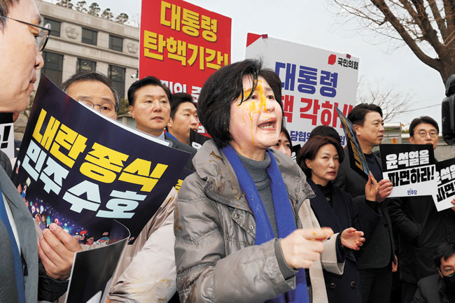 백혜련 더불어민주당 의원이 20일 오전 서울 종로구 헌법재판소 앞에서 윤석열 대통령 파면 촉구 기자회견을 하던 중 윤 대통령 지지자가 던진 계란에 얼굴을 맞자 항의하고 있다. 백동현 기자