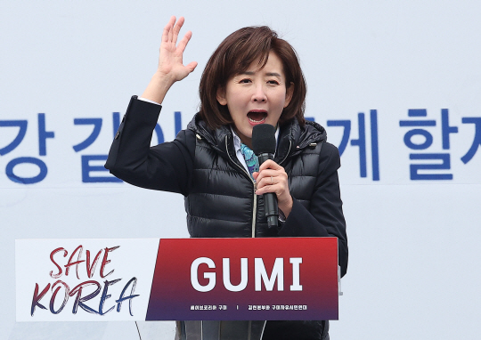 국민의힘 나경원 의원이 지난 15일 경북 구미시 구미역 앞에서 열린 세이브코리아 주최 윤석열 대통령 탄핵 반대 집회인 국가비상기도회에서 발언하고 있다.연합뉴스
