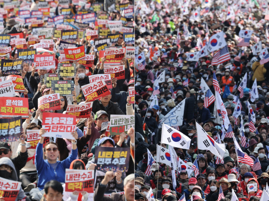 지난 15일 서울 곳곳에서 윤석열 대통령 탄핵 찬반 집회가 열리고 있다. 왼쪽은 서울 종로구 경복궁 동십자각에서 윤석열 즉각퇴진·사회대개혁 비상행동(비상행동)이 연 15차 범시민 대행진, 오른쪽은 서울 세종대로에서 대한민국바로세우기운동본부가 연 광화문 국민대회. 연합뉴스