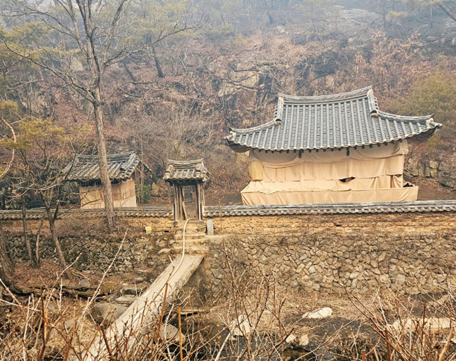 26일 오전 경북 안동시 길안면 만휴정에 방염포가 둘러쳐져 있다. 경상북도 문화유산자료인 만휴정은 드라마 ‘미스터 션샤인’ 촬영지로 소실된 것으로 알려졌지만 화마를 피했다. 연합뉴스