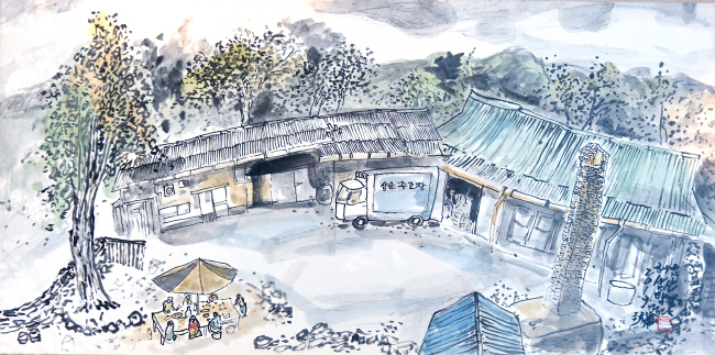 삼산주조장에 걸린 삼산주조장 옛 건물 그림. 해남에서 열린 전남수묵비엔날레에 참가했다가 술맛을 보고 반한 조병연 작가의 작품이다.